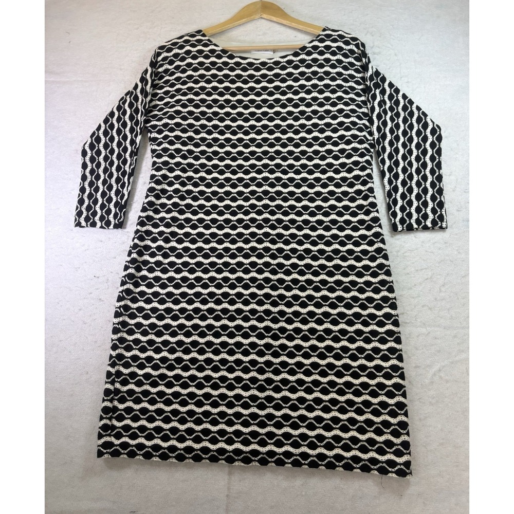 Calvin Klein Knit Sheath Shift Dress 12 Blk/Wht Geo Pattern Knee L/SL Fisherman